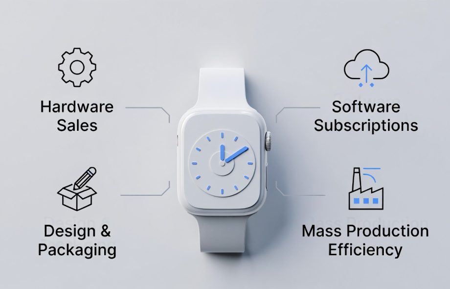 Smartwatch profit strategy showing hardware, software, packaging, and scaling model